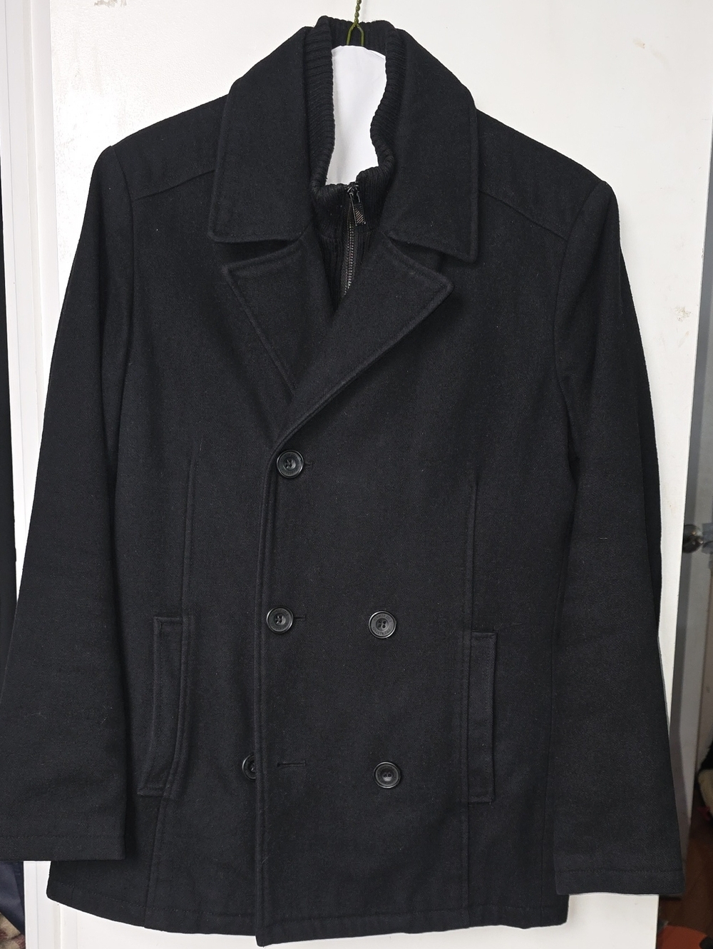 Kenneth Cole Black Double-Breasted Wool Peacoat with Inner Zip Placket